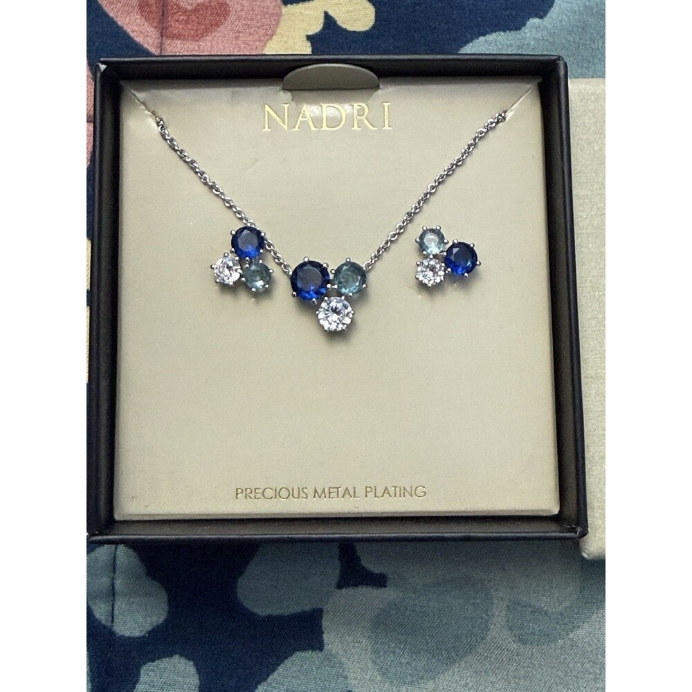 Nadri Natural Beauty Rhodium Blue Cluster Necklace & Earrings Set